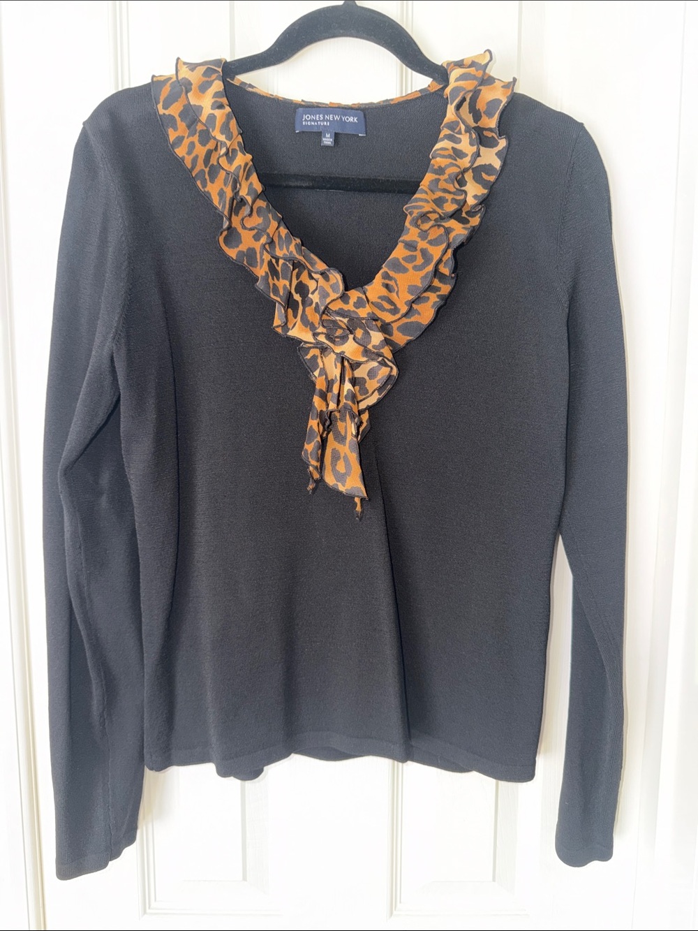 Jones New York Black V-Neck Sweater with Leopard-Print Ruffle Tie